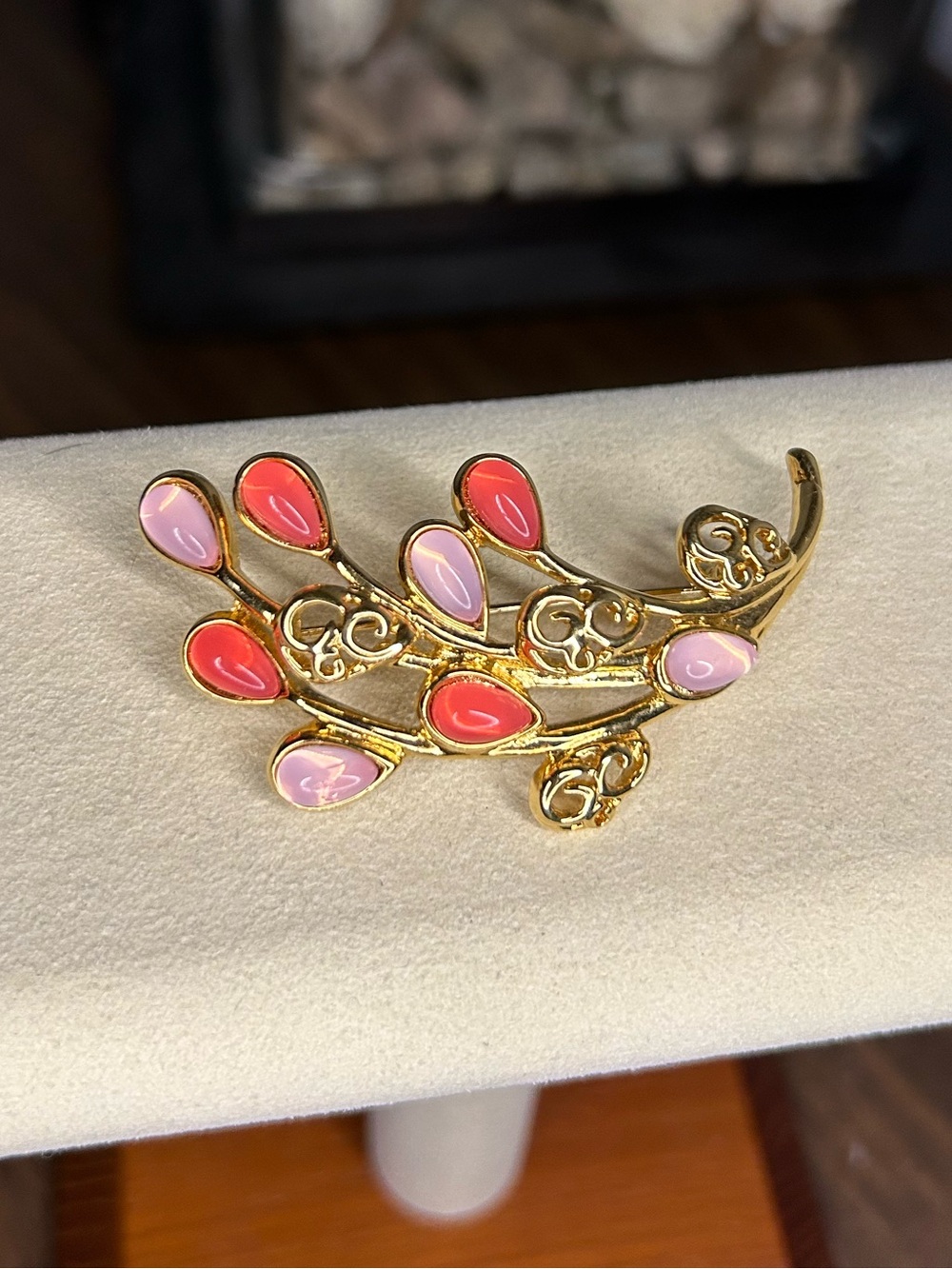 Vintage Trifari Pink Coral Moonglow Enamel Branch Brooch Gold Tone